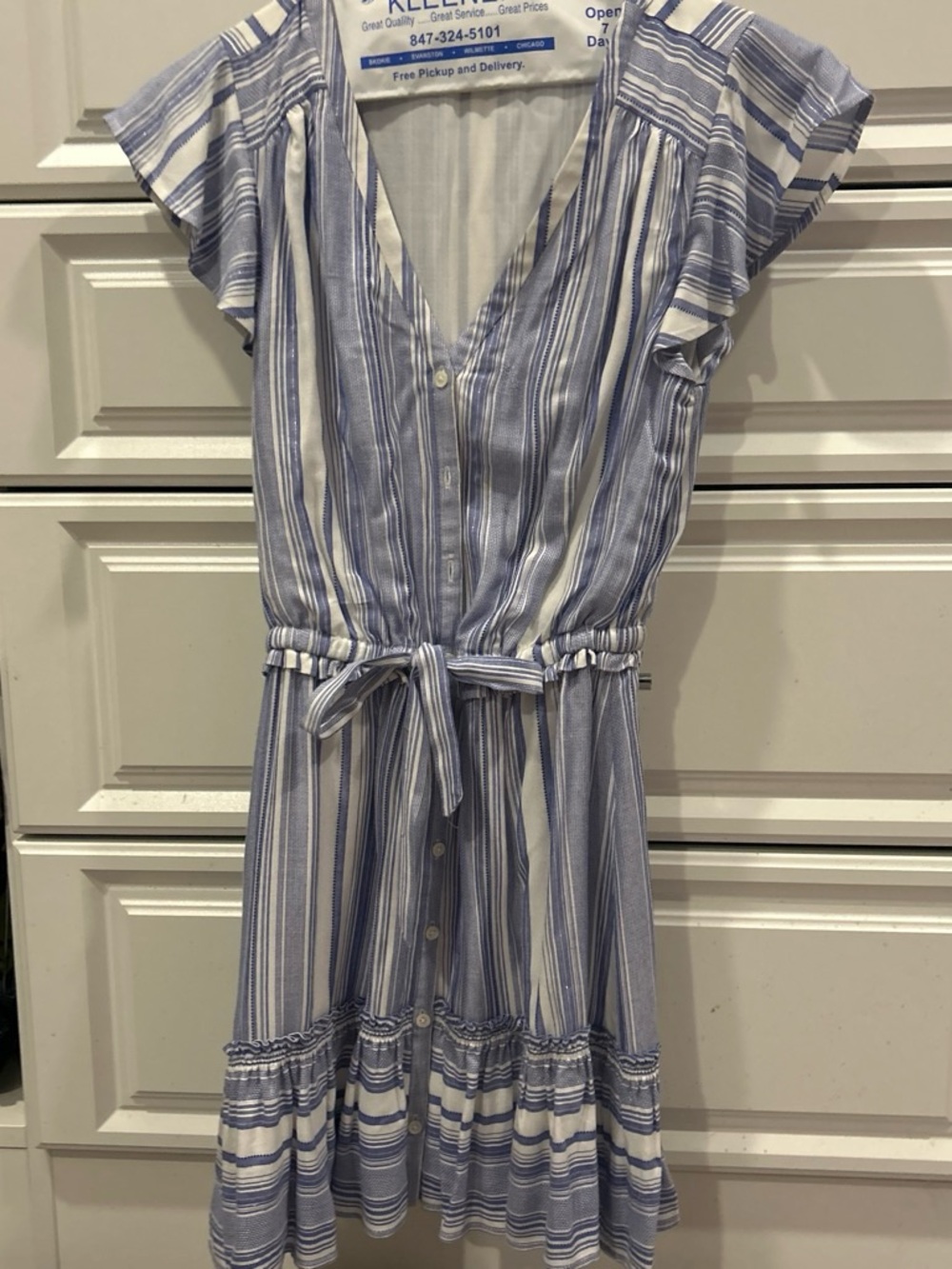 PAIGE Blue and White Striped Tie-Waist Mini Dress